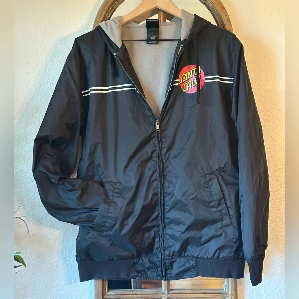 Santa Cruz Skateboards Black Windbreaker Hoodie Jacket Small Zip Up Streetwear